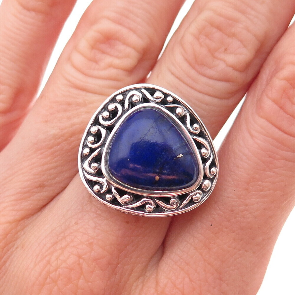 925 Sterling Silver Vintage Real Lapis Modernist Scroll Oxidized Ring Size 7